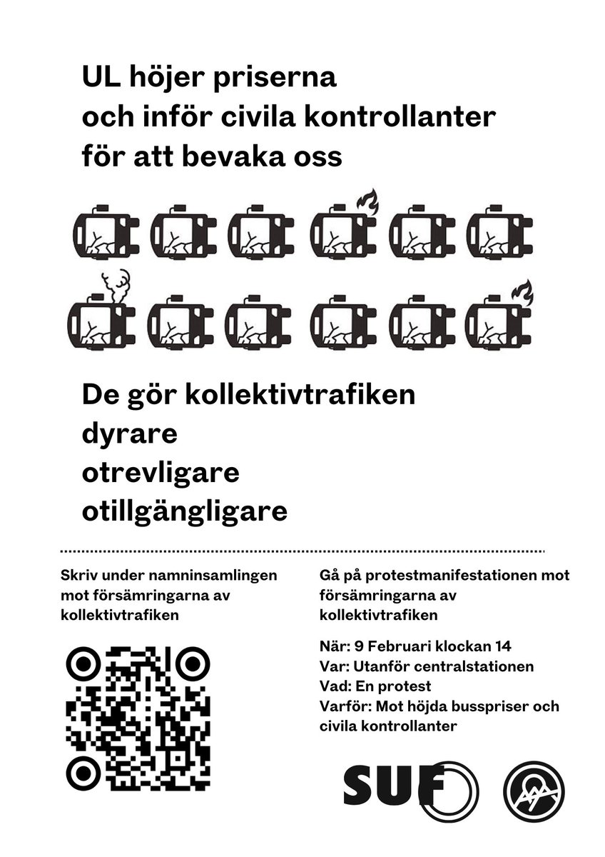 aaauppsala's tweet photo. ⚠️ UL inför civila kontrollanter 10 februari. Sedan årsskiftet har de redan höjt priserna, främst på de rabatterade biljetterna.  

De gör trafiken mer otillgänglig för oss alla!   

Kom på söndag och visa att vi inte accepterar deras begränsning! https://t.co/BsthZCtyL8