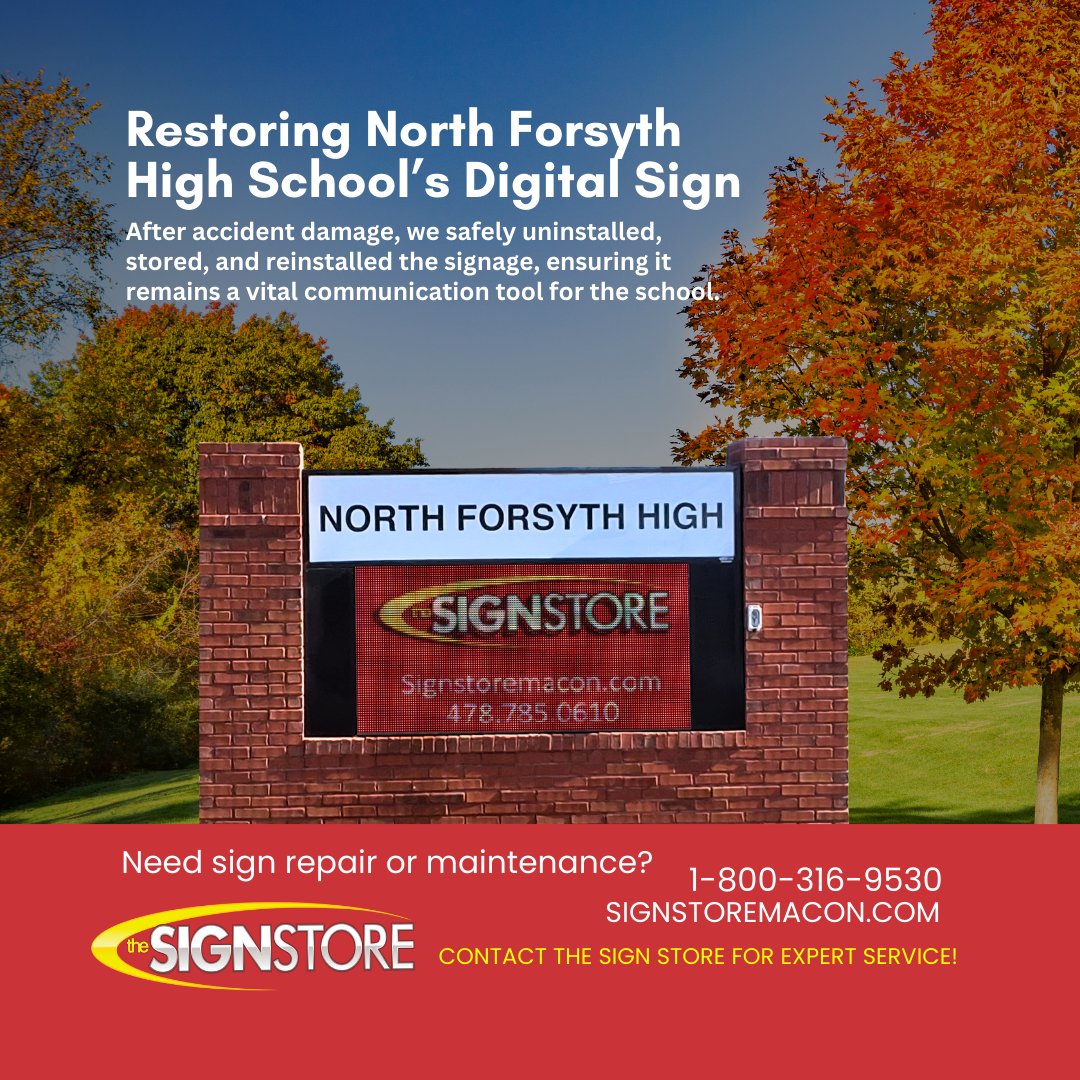 signstoremacon's tweet image. North Forsyth High School’s digital sign is back! After damage, we removed and stored the sign while repairs were made. Now reinstalled, it’s once again shining bright. Need sign repair? 1-800-316-9530| signstoremacon.com
#SignRepair #SchoolSigns #DigitalSignage #MaconGA