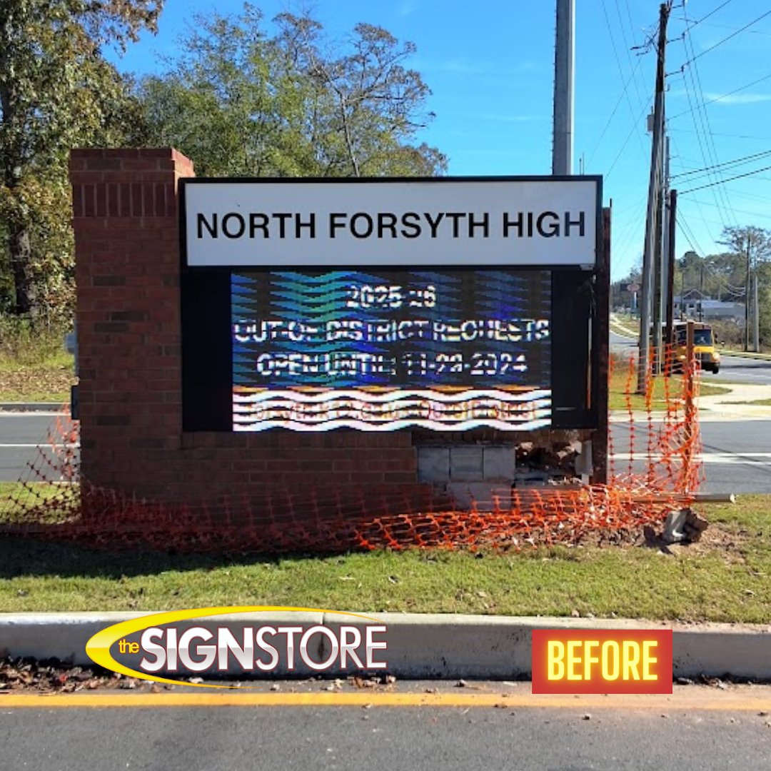 signstoremacon's tweet image. North Forsyth High School’s digital sign is back! After damage, we removed and stored the sign while repairs were made. Now reinstalled, it’s once again shining bright. Need sign repair? 1-800-316-9530| signstoremacon.com
#SignRepair #SchoolSigns #DigitalSignage #MaconGA