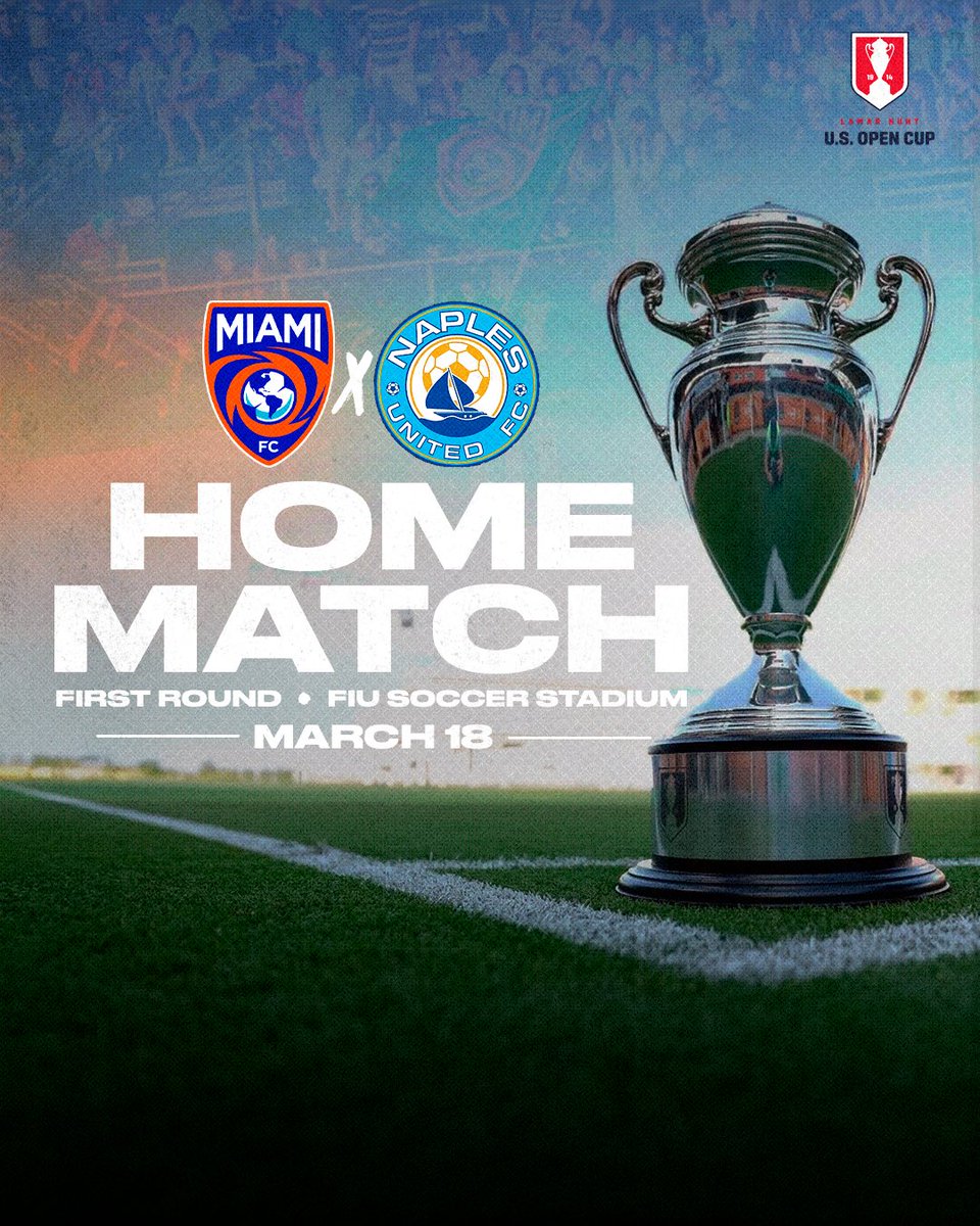 🚨 Miami FC vs. <a href="/NaplesUnitedFC/">𝗡𝗔𝗣𝗟𝗘𝗦 𝗨𝗡𝗜𝗧𝗘𝗗 𝗙𝗖</a> – Open Cup First Round! 🚨

The road to glory starts March 18 at FIU SOCCER STADIUM! Don’t miss the action as we kick off our 2025 Open Cup journey. ⚽🔥
 
🎟️ Grab your tickets soon at miamifc.com 

#OpenCup #VamosMiami