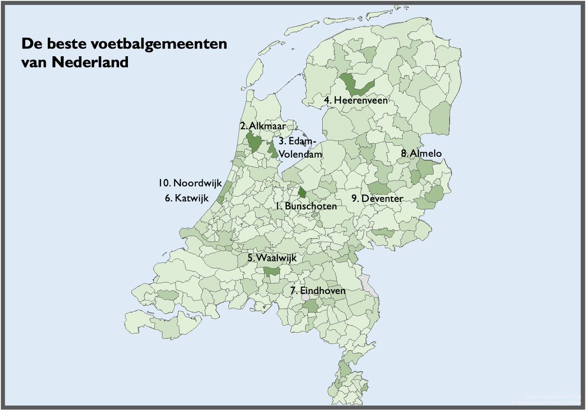 🧵 Quick Boys uit Katwijk en Noordwijk staan in de kwartfinale van de beker. Daarom was ik benieuwd wat nu eigenlijk de beste voetbalgemeenten van Nederland zijn. Zowel Noordwijk als Katwijk halen de top-10, maar moeten hun meerdere erkennen in Bunschoten (vooral door Spakenburg)