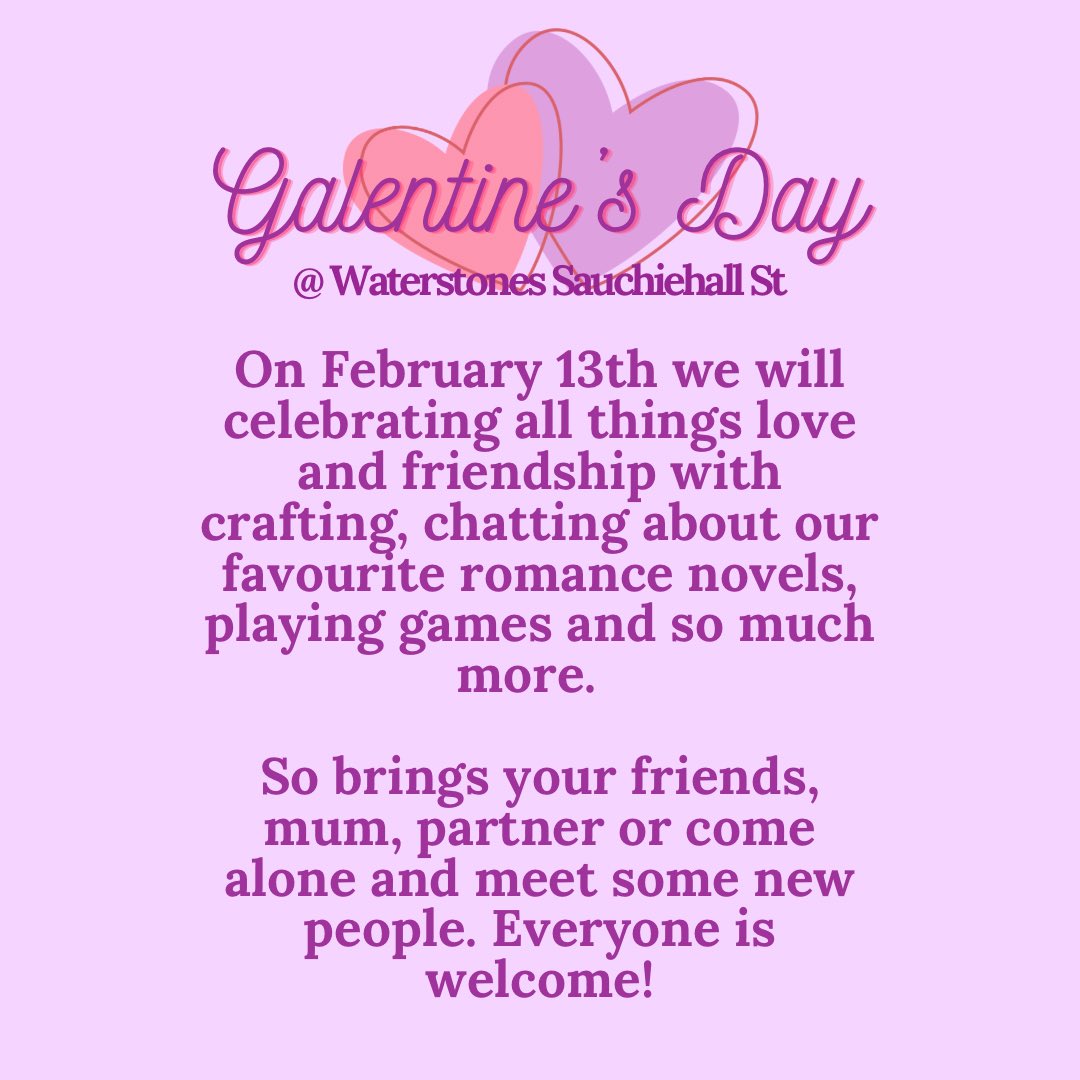 Join us on February 13th here at Sauchiehall St to celebrate Galentine’s Day! 💜

 We will celebrating all things love and friendship with crafting, chatting about our favourite romance novels, playing games and so much more 💖

Tickets are available on our website!