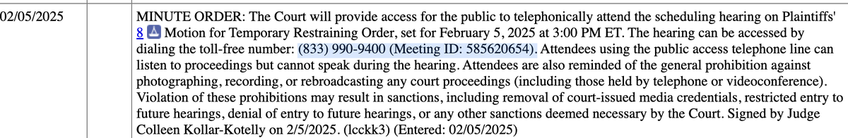 At 3:00pm ET Judge Kollar-Kotelly will hold a hearing on whether to issue a TRO barring Treasury from giving DOGE access to its payment systems &amp; ordering Treasury to claw back info already disclosed. Hoping to follow by telephone. You can too. See below ...
/1