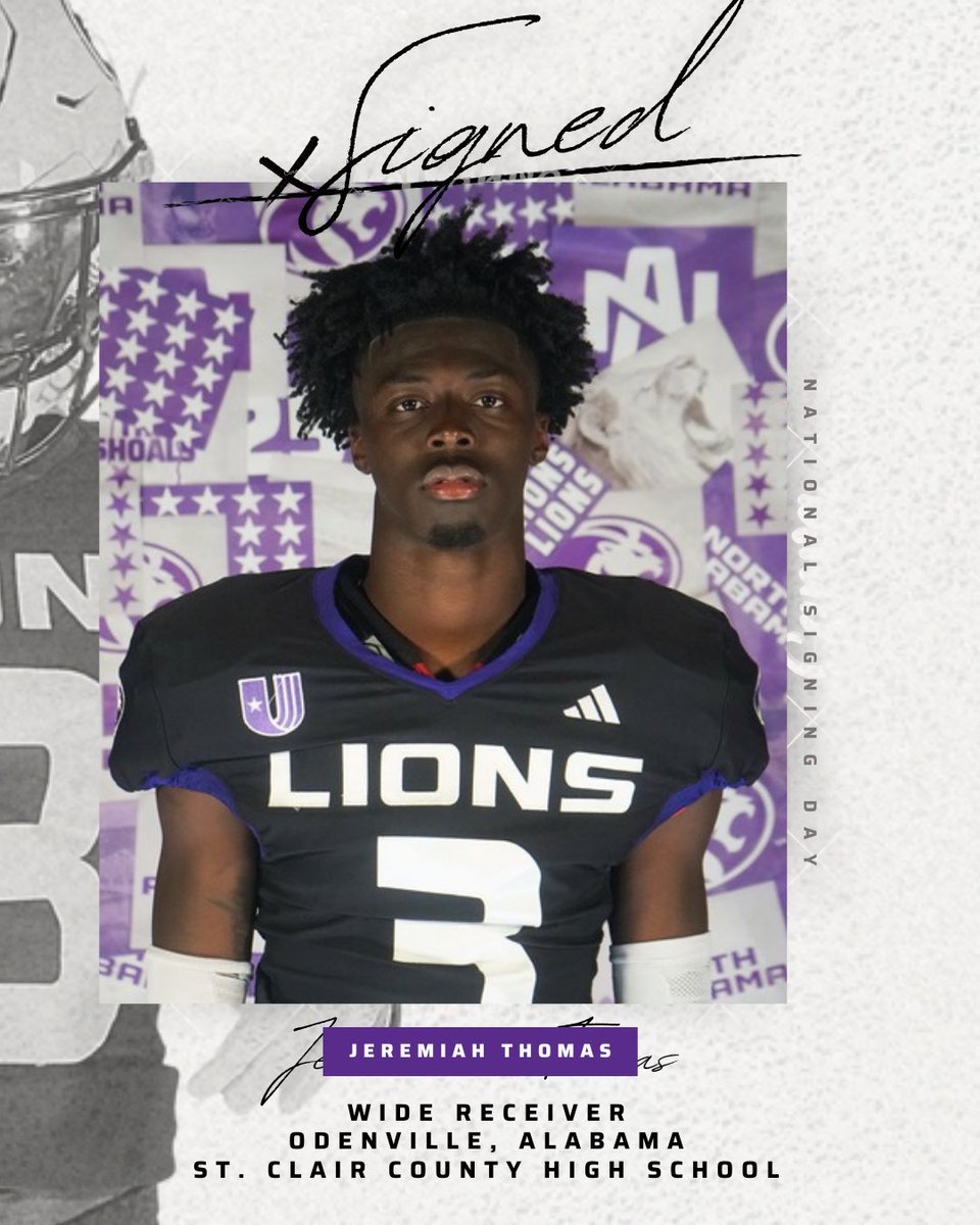 UnLockYourGame (@unlockyourgame) on Twitter photo #NSD25 Congratulations to <a href="/jayythomas_11/">Jeremiah “3” Thomas</a> on signing to <a href="/UNAFootball/">North Alabama Football</a>
Thomas 2024 stats ⬇️
58 Receptions
1,145 yds
17 Receiving TD’s
1 KOR TD
The Lions are adding a highly explosive wide receiver, and more importantly, another in-state athlete is staying home. #NSD25 Congratulations to <a href="/jayythomas_11/">Jeremiah “3” Thomas</a> on signing to <a href="/UNAFootball/">North Alabama Football</a>
Thomas 2024 stats ⬇️
58 Receptions
1,145 yds
17 Receiving TD’s
1 KOR TD
The Lions are adding a highly explosive wide receiver, and more importantly, another in-state athlete is staying home.