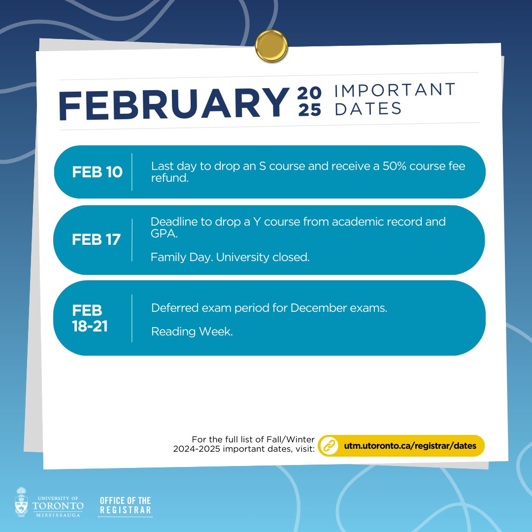 ⛄ Hello February! Take note of the key dates for this month at UTM.

For the full list of important dates and deadlines, visit: utm.utoronto.ca/registrar/dates