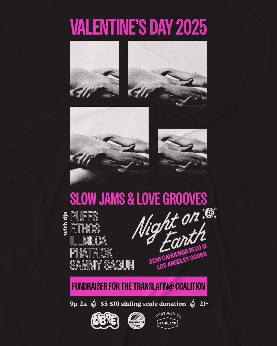 The Valentine’s Day Slow Jam Battle is back and this year we are raising money for the Translatin@ Coalition! With DJs <a href="/sammyJsagun/">Spanish Announce Table</a> <a href="/iLLMeca/">Angie</a> <a href="/DjEthos/">Dj Ethos</a> Puffs and myself! 9p-2a at the Night On Earth (3256 Cahuenga Blvd W)