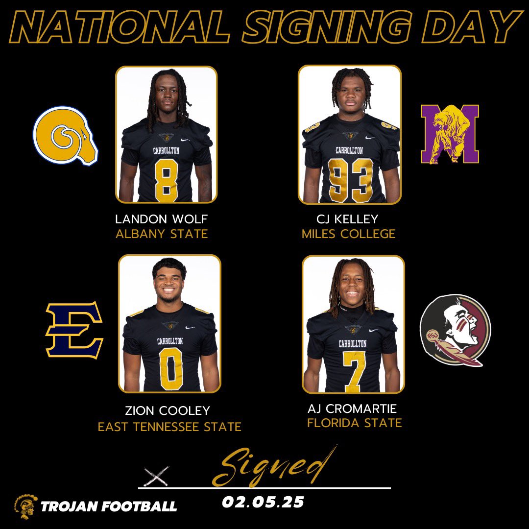 Trojan Football (@carrollton_high) on Twitter photo SIGNEDโผ๏ธ
Zion Cooley โก๏ธ ETSU
<a href="/Zion_Cooley/">Zion Cooley</a> โก๏ธ <a href="/ETSUFootball/">ETSU Football</a>
AJ Cromartie โก๏ธ FSU
<a href="/AJ_CRO31/">Antonio Cromartie Jr.</a> โก๏ธ <a href="/FSUFootball/">FSU Football</a>
Landon Wolf โก๏ธ Albany State University
<a href="/LandonWolf44/">Landon Wolf</a> โก๏ธ <a href="/ASUGoldenRamsFB/">Albany State Football</a>
CJ Kelley โก๏ธ Miles College
<a href="/CJKelley2025/">CJ Kelley</a> โก๏ธ <a href="/miles_football/">Miles College Football</a>
#GoldStandard SIGNEDโผ๏ธ
Zion Cooley โก๏ธ ETSU
<a href="/Zion_Cooley/">Zion Cooley</a> โก๏ธ <a href="/ETSUFootball/">ETSU Football</a>
AJ Cromartie โก๏ธ FSU
<a href="/AJ_CRO31/">Antonio Cromartie Jr.</a> โก๏ธ <a href="/FSUFootball/">FSU Football</a>
Landon Wolf โก๏ธ Albany State University
<a href="/LandonWolf44/">Landon Wolf</a> โก๏ธ <a href="/ASUGoldenRamsFB/">Albany State Football</a>
CJ Kelley โก๏ธ Miles College
<a href="/CJKelley2025/">CJ Kelley</a> โก๏ธ <a href="/miles_football/">Miles College Football</a>
#GoldStandard