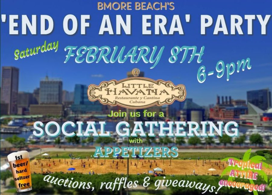 BaltimoreBeach's tweet photo. Baltimore's beach volleyball will be taking a 2-year hiatus. Join us for a special event to commemorate Bmore Beach's 25-year history and bid farewell to this chapter while socializing with other members! https://t.co/2UutpMP0Pw