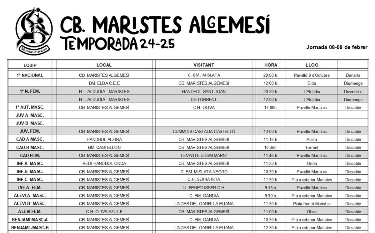 📢 Horarios del próximo finde - 8 y 9 febrero