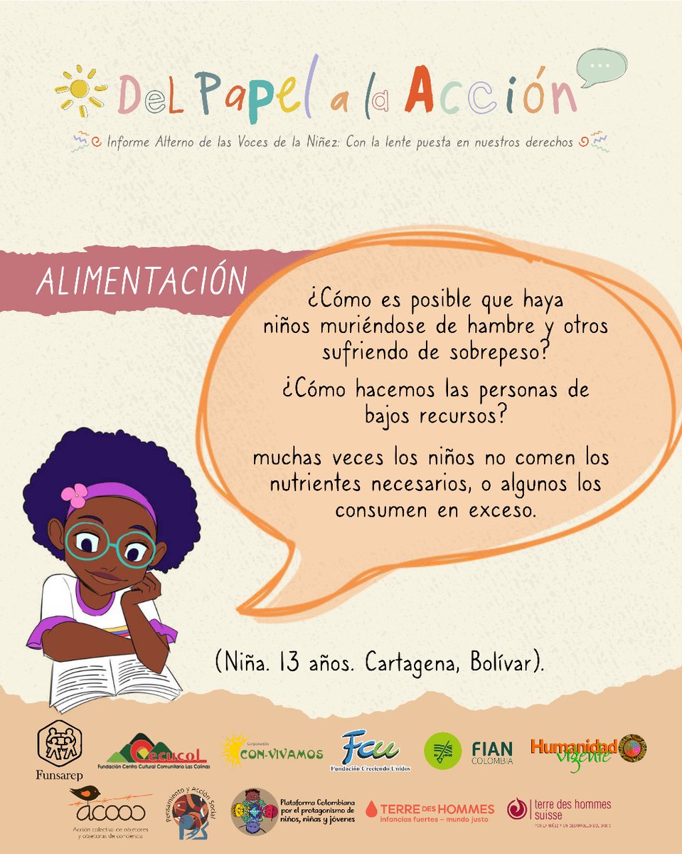 #DelPapelALaAcción🤔¿Sabías que🇨🇴carece de una política que garantice el derecho a la alimentación adecuada⁉️La última caducó en 2019 y no se ha creado otra, ignorando las recomendaciones del Comité de los Derechos del Niño y el Comité de Derechos Económicos Sociales y Culturales