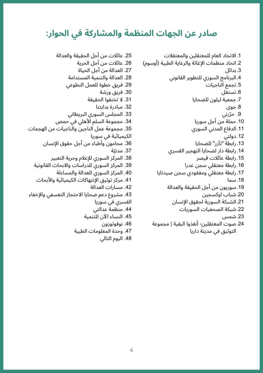 عقدت مجموعة من منظمات المجتمع المدني السوري وروابط ناجيات وناجين وعائلات الضحايا، حوارًا يعد الأول من نوعه حول العدالة والحقيقة والإنصاف بتاريخ 24 و25 يناير. اختتم المؤتمر بمجموعة توصيات واضحة تشكّل خطوة نحو تحقيق العدالة وتعافي المجتمعات السورية.
 #العدالة_في_سوريا #المحاسبة
