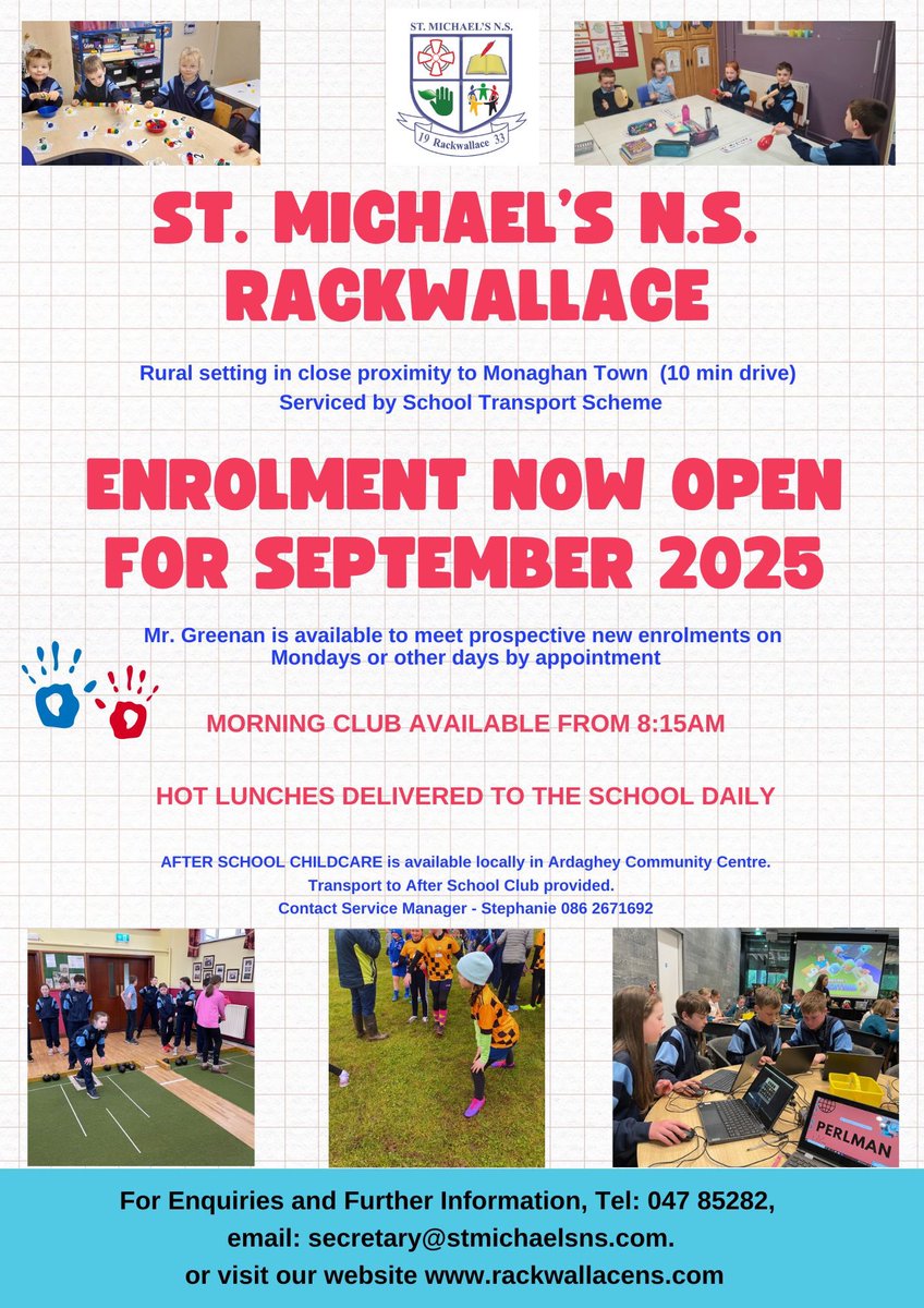 🚨Enrolment for <a href="/rackwallacens/">rackwallacens</a> is now OPEN! 😃 🏫 

For further information please visit our website rackwallacens.com. 👍🏻

#stmichaelsrackwallace
#Ardaghey 
<a href="/clogherdiocese/">Diocese of Clogher</a> 
<a href="/clontibretclg/">Clontibret O'Neills</a> 
<a href="/monaghangaa/">@monaghangaa</a> 
<a href="/Monaghan_LGFA/">Monaghan LGFA</a>