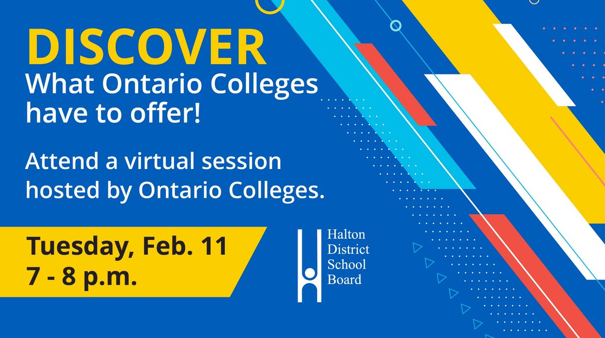 Discover what today’s Ontario Colleges have to offer - attend a virtual session hosted by Ontario Colleges on Tuesday, Feb. 11 from 7 - 8 p.m. 
This will be a virtual event streamed live through the HDSB YouTube channel and accessible from HDSB.ca