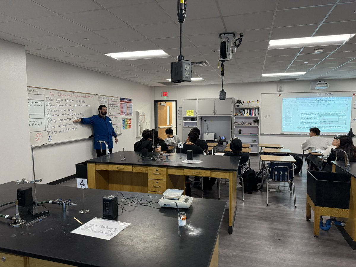 KendrickHover's tweet photo. Super Teacher Mohammad Saleh igniting the interest of our chemistry students through a stoichiometry lab today! #mUStangmagic #RISDBeTheOne https://t.co/vTB4Q1sqdB