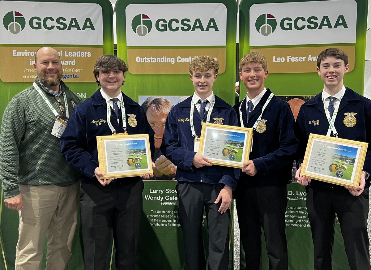 GCSAA's tweet photo. Congratulations to the National Turfgrass Science Invitational winners:
1st place: Team Avery
2nd place: Team Fallbrook
3rd place: Team Gila Ridge
Top 3 individuals:
1st place: Aaron King — Avery
2nd place: Eli Church — Avery
3rd place: Alice Powell — Fallbrook
GCSAA is proud to have hosted the event collaborating with @JohnDeere, @NationalFFA, @FieldExperts and the @USGA.
#GCSAAConference