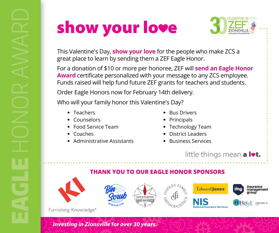 Who will your student honor? A <a href="/ZEFin140/">ZEF</a> Eagle Honor supports ZCS teachers and staff in two ways: by showing appreciation for the positive impact they have and by helping to fund future ZEF grants. Send your ZEF Eagle Honors today! ow.ly/cWef50UUmWH