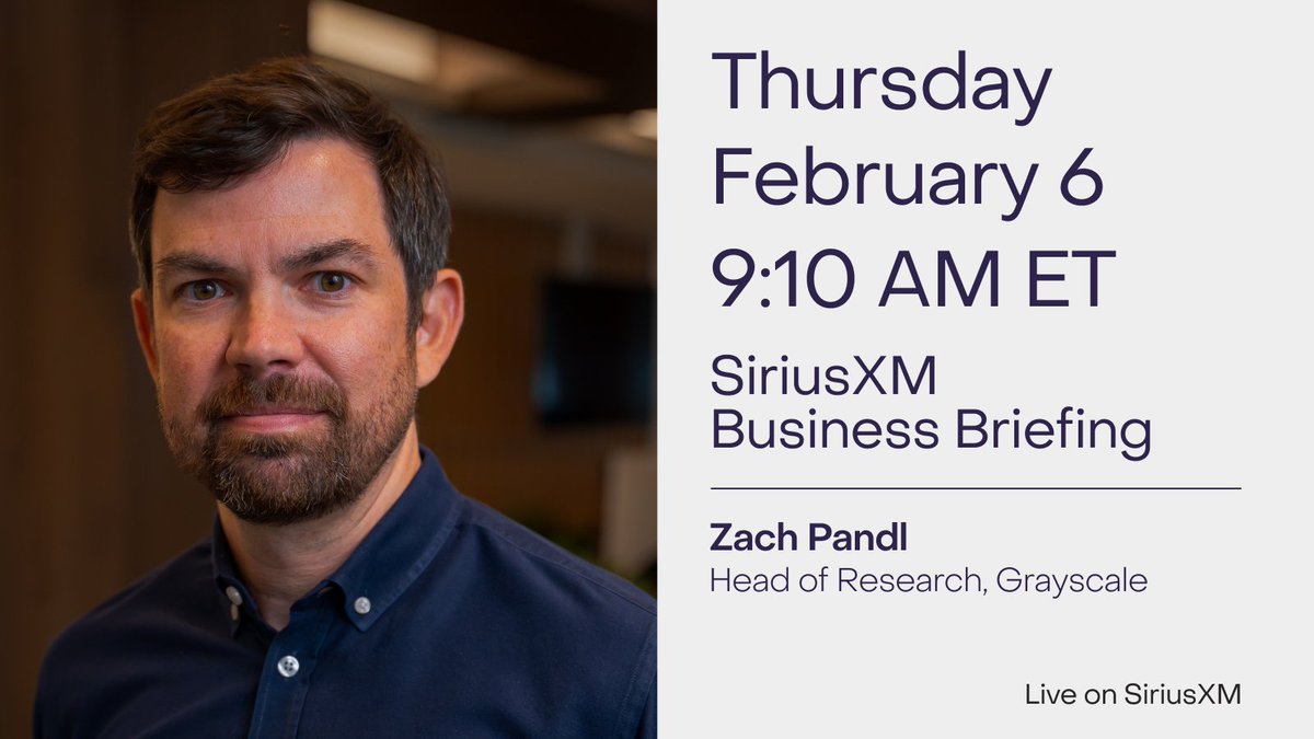 Grayscale's tweet photo. TOMORROW: Grayscale Head of Research, @lowbeta, joins @SIRIUSXM for @BizBriefing to discuss recent market and political developments in #crypto and #bitcoin.

🔊Tune in TOMORROW at 9:10 AM ET on @SIRIUSXM / @SXMBusiness 🔊 https://t.co/cBS5STRP2l