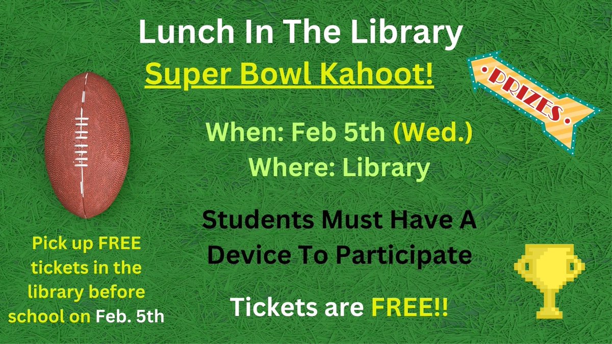 LibraryODMS's tweet image. Lunch In The Library: Super Bowl Kahoot! @ODMSMustangs @Alief_Libraries