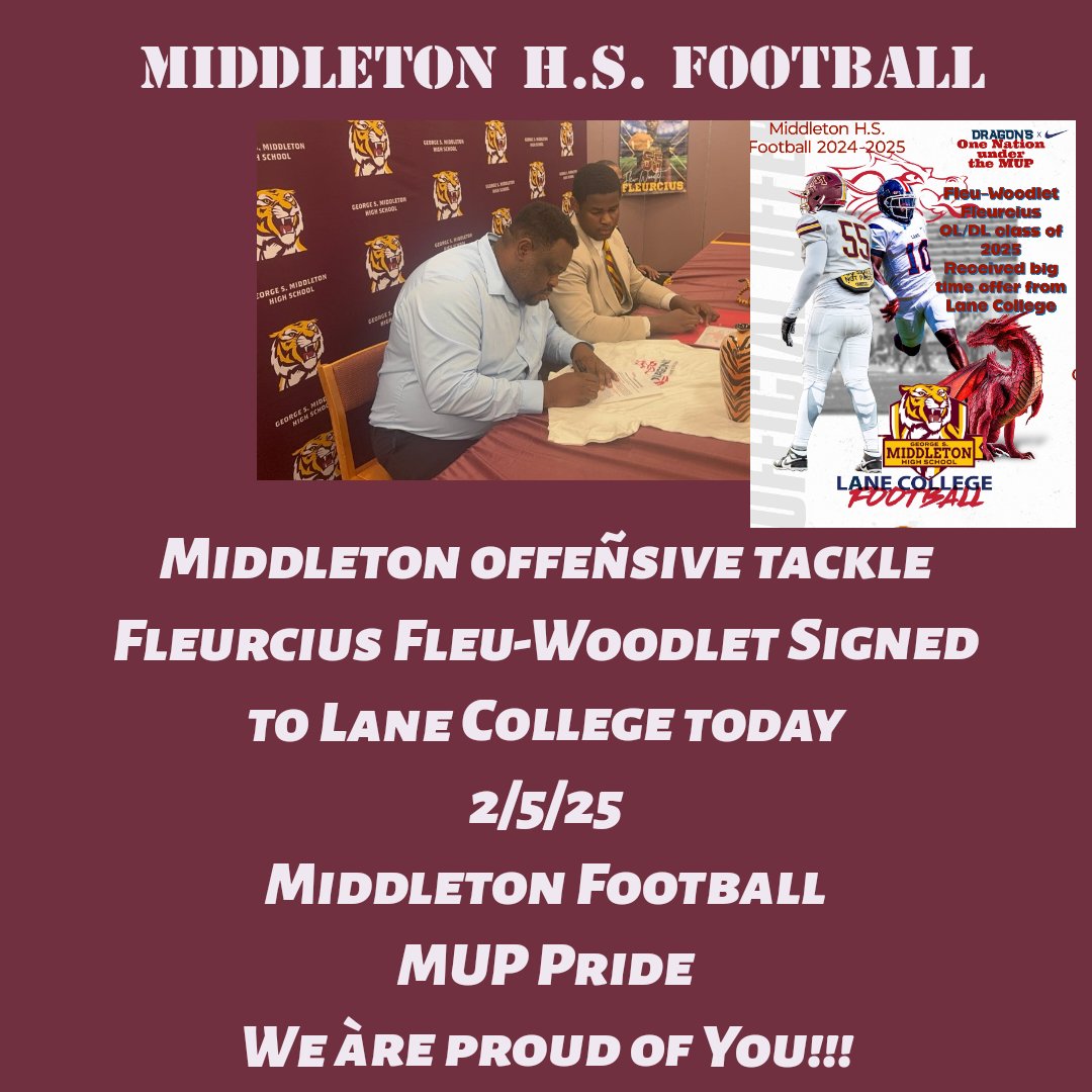 Offensive taçkle big signee todày....<a href="/_CoachFive/">George Frazier V</a> <a href="/MiddletonSTEM/">MiddletonHighSchool</a> <a href="/coachmikehayde/">Mike Hayde</a> <a href="/CoachCogmon/">Jerrell Cogmon</a>  <a href="/MHSTigersABC/">Middleton Athletic Booster Club</a> <a href="/MHSFootballFL/">MiddletonFootball</a> <a href="/WilsonMatt_11/">Matthew Wilson</a> <a href="/Coach2Bless/">Devin Rispress</a> <a href="/Antonio77151951/">Antonio McCullough</a>