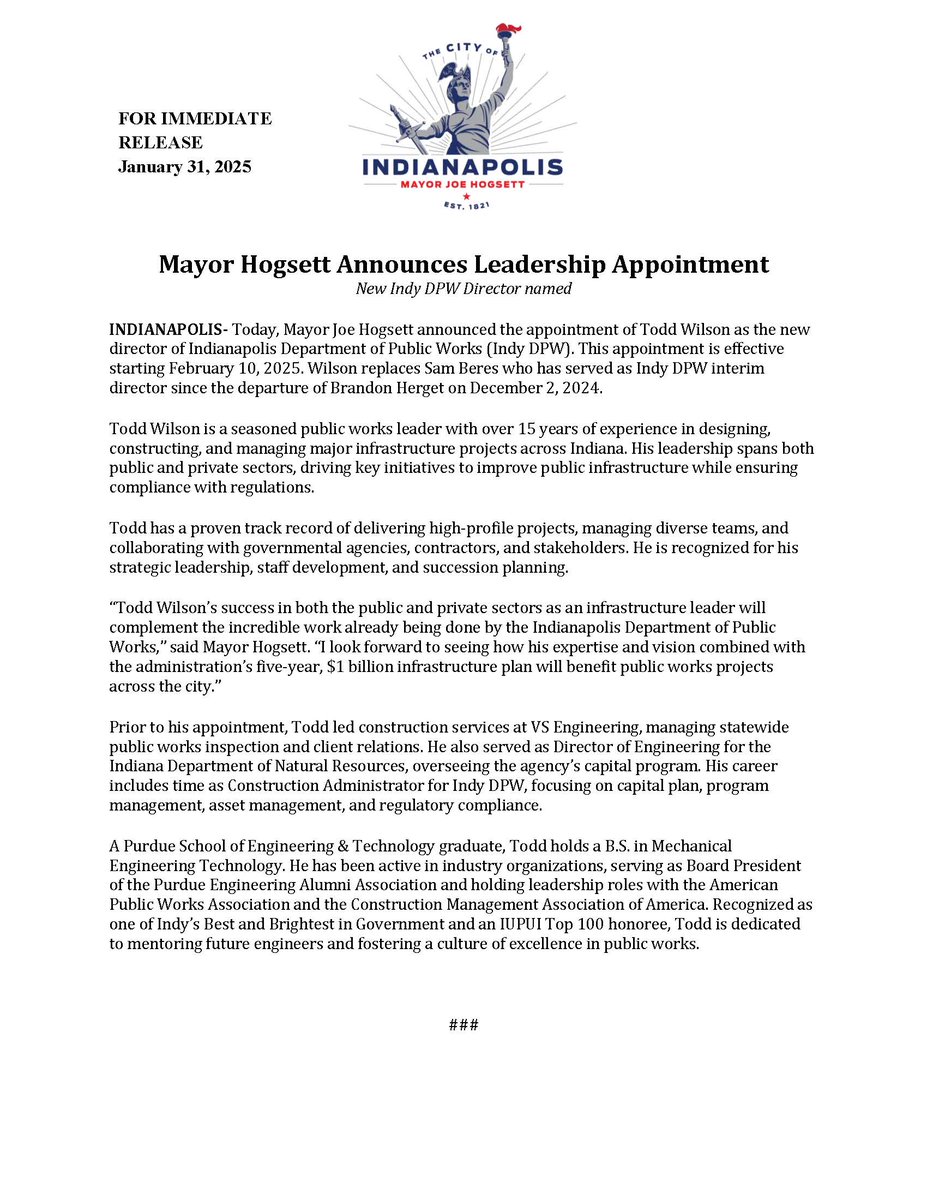 VSEngineering's tweet image. Our Director, Construction Services, Todd Wilson, has been appointed as the new Indy DPW Director by Mayor Joe Hogsett!  While we’re sad to see him go, we’re beyond proud and wish him all the best in this exciting new role!  #VSEngineering #IndyDPW #CongratsTodd