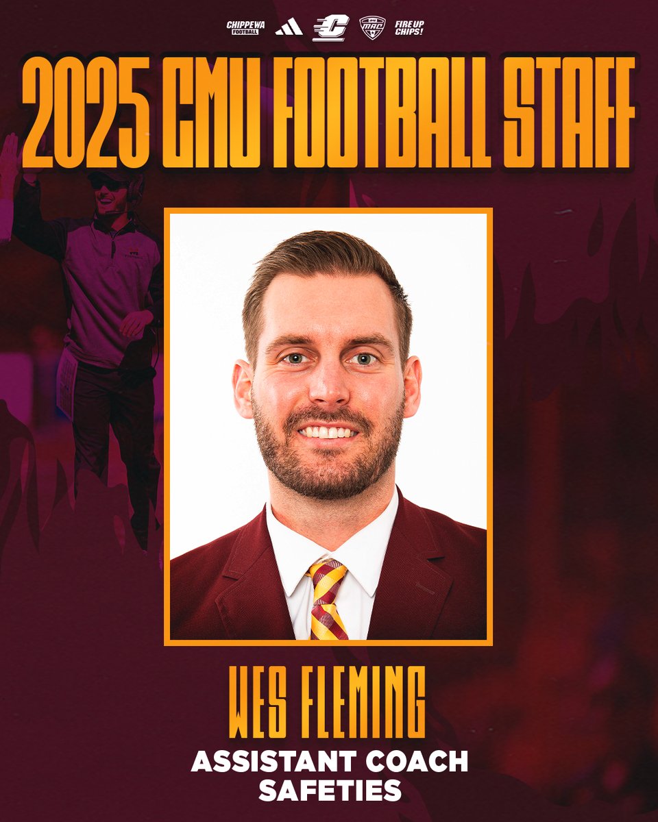 🏈 <a href="/CMUAthletics/">CMU Athletics</a>, <a href="/CMUniversity/">Central Michigan U.</a> welcomes new
@cmu_football safeties coach <a href="/Fleming_Coach/">Wes Fleming</a>!

Midwestern native Fleming and Drinkall have served on two different coaching staffs together at Army West Point and Kansas Wesleyan, Fleming has also worked at Nebraska and Cincinnati!