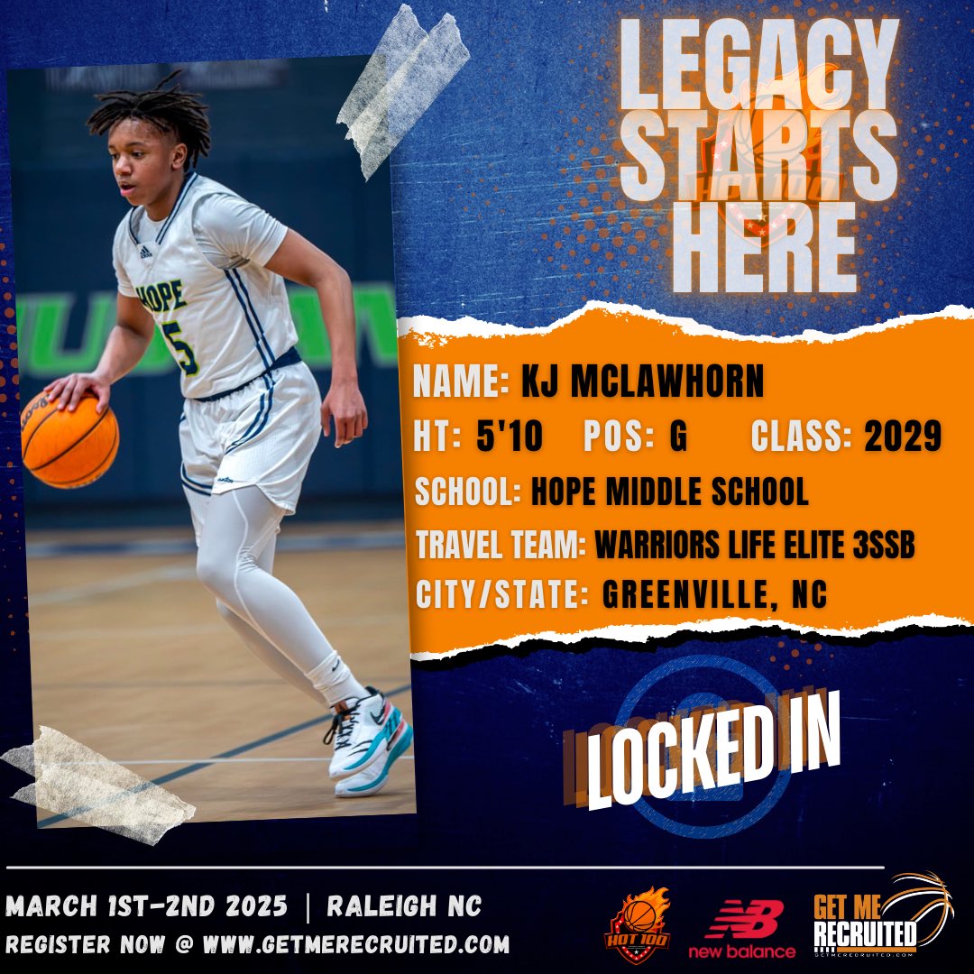 KJ McLawhorn (NC) is confirmed for the Hot 100 Middle School Showcase happening March 1-2nd, 2025 in Raleigh, NC!!!
#GMRHoops #Hot100 #GetMeRecruited