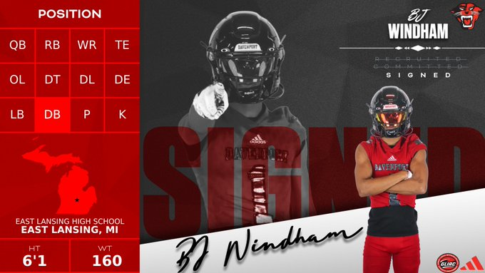 East Lansing 2025 CB/S BJ Windham has signed with Davenport

football.thedzone.com/players/bj-win…

<a href="/bj_windham/">BJ Windham</a> <a href="/eltrojans/">East Lansing Trojans</a> <a href="/EL_Trojans_FB/">East Lansing Football</a> <a href="/DU_Football/">Davenport Football</a>