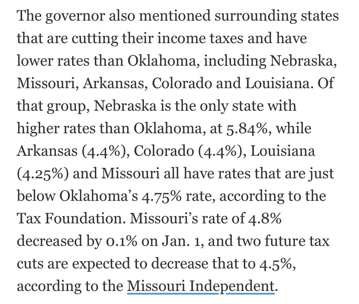 Governor Stitt of OK calls for another .5% reduction in income taxes. Cites every surround state but Kansas to improve competitiveness. KS is already not competitive. It’s time to adopt a path toward a single rate of 4.5% through growth in state receipts.