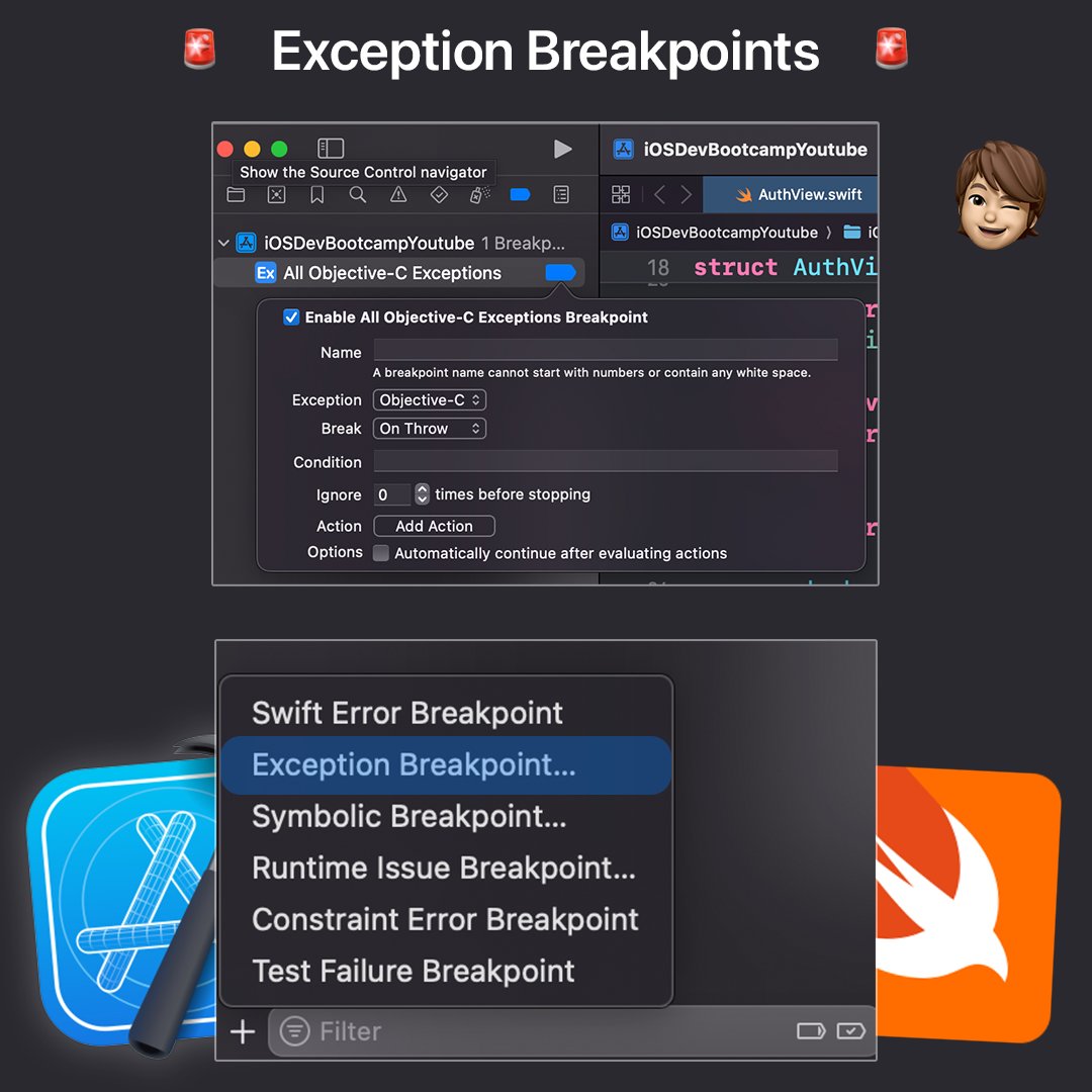 iosdeveren's tweet image. Many iOS devs don’t know this Xcode lifesaver:
🚨 Exception Breakpoints 🚨
They catch all exceptions and pause your app exactly where the crash occurs, no more guessing.
Go to ⌘+8 → ➕ → Exception Breakpoint.
Debug smarter 🧠, not harder.
