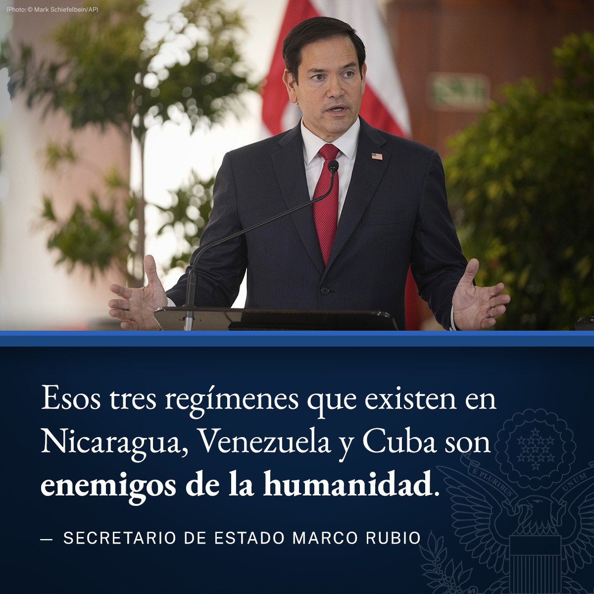 StateDept's tweet photo. Los regímenes criminales que existen en Nicaragua, Venezuela y Cuba son enemigos de la humanidad que han creado una crisis migratoria. – Secretario de Estado de EE. UU. Marco Rubio (@SecRubio) https://t.co/WgU8TLUYnQ