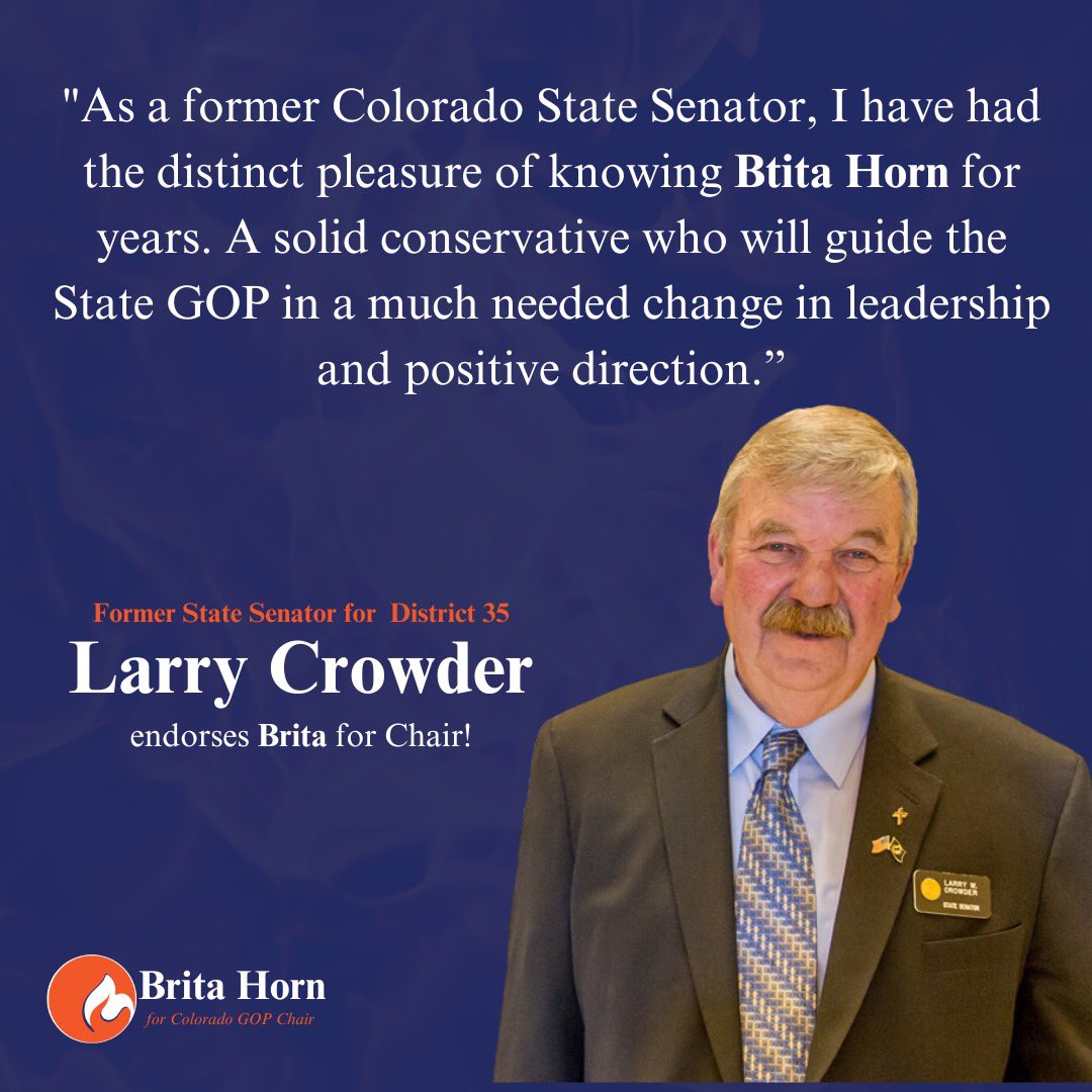 RealBritaHorn's tweet photo. I’m deeply grateful for Senator Crowder’s  endorsement and support. 
The confidence in me means so much, and I truly appreciate Larry standing with me. 
Thank you sir, for believing in this mission, unifying together and we will make a difference!

#ColoradoFirst 
The Fire to Lead: 🔥🔥🔥
Uniting the #Colorado #GOP