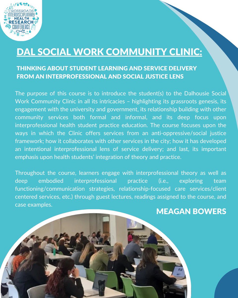 More information on our second mini course with Meagan Bowers, titled: Dal Social Work Community Clinic: Thinking about student learning and service delivery from an interprofessional and social justice lens! 🤝🔬

#dalcrossroads 🩵