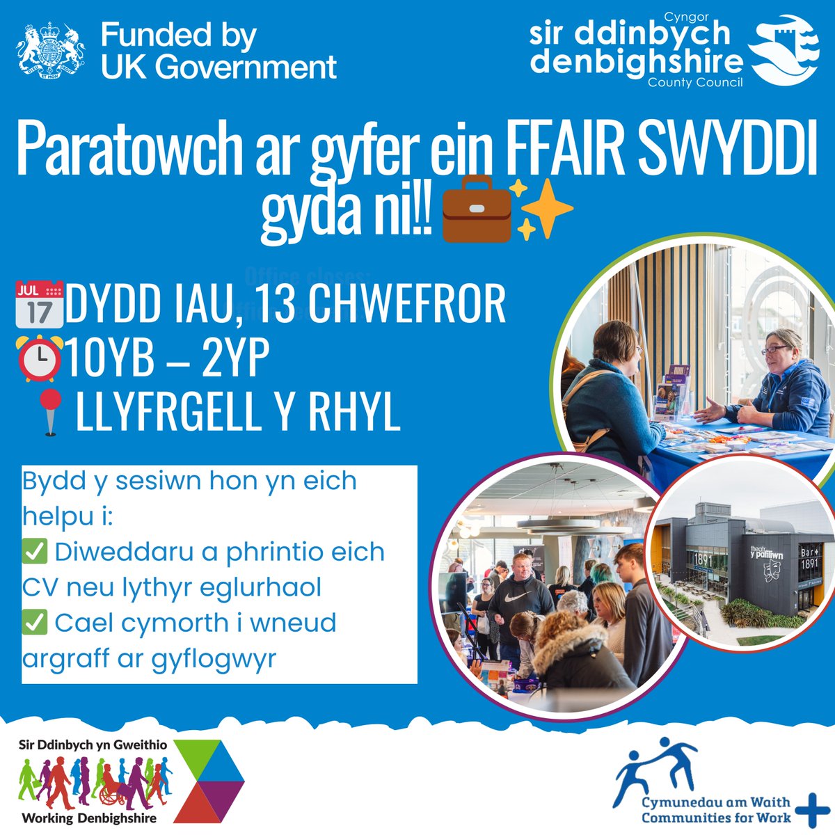 Ydych chi’n mynychu ein Ffair Swyddi ar y 19eg o Chwefror, ond heb CV, paratowch gyda ni yn llyfrgell y Rhyl📝
📅Dydd Iau, 13eg Chwefror
⏰10yb–2yp
📍Llyfrgell y Rhyl
✅ Diweddaru eich CV neu lythyr eglurhaol
✅ Dysgu sut i wneud argraff ar gyflogwyr