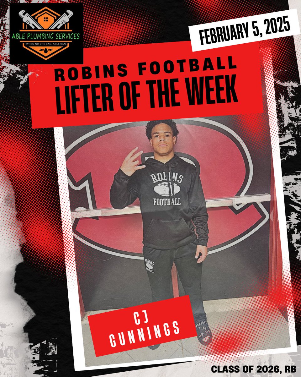 💪🔥 Shoutout to this week’s Able Plumbing's Robins Football Lifter of the Week - Junior RB, CJ Gunnings! Hard work, dedication, and strength on full display. Keep grinding! 💯 #LifterOfTheWeek #RobinsFootball #StrengthInTheGame
