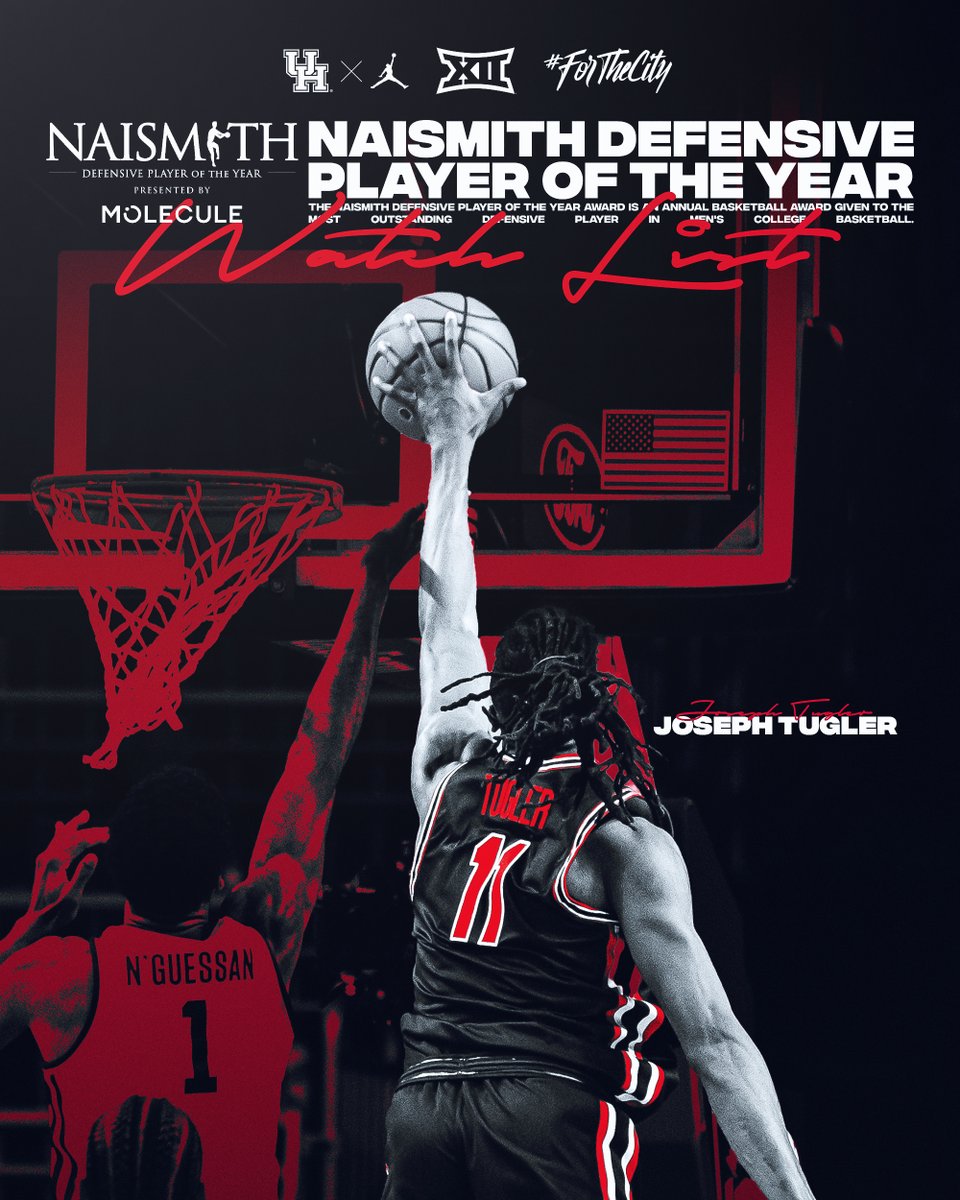 .<a href="/joseph_tugler/">Joseph Tugler</a> named to <a href="/NaismithTrophy/">Naismith Awards</a> Defensive Player of the Year presented by MOLECULE Watch List

• 15 multi-block games
• Ranks 14th nationally with 2.3 blocks per game
• 8 swats vs #9/9 Alabama

#ForTheCity x #GoCoogs