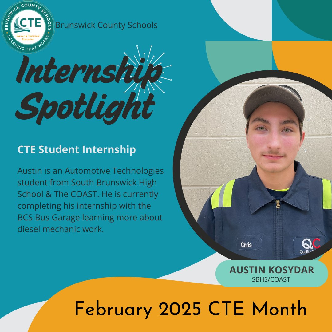 Each Wednesday during CTE Month, we will spotlight some of our amazing high school CTE student interns. Check back each day for more CTE spotlights!

#BrunswickBuilt #CTEforNC #careerandtechnicaleducation