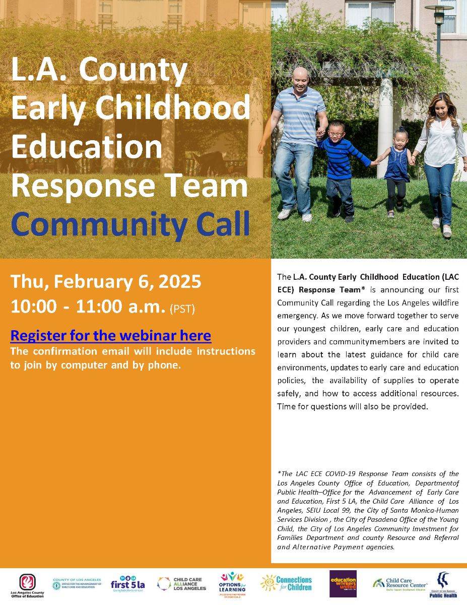 📢 Attention #ECE providers! Join the #LACounty ECE Response Team's #CommunityCall this Thursday, from 10-11a.m. for vital updates and resources.🗣️This session will cover guidance for navigating the #LAWildfire emergency and more.
Click here to register 👉🏾ow.ly/kM6C50UTJ4B