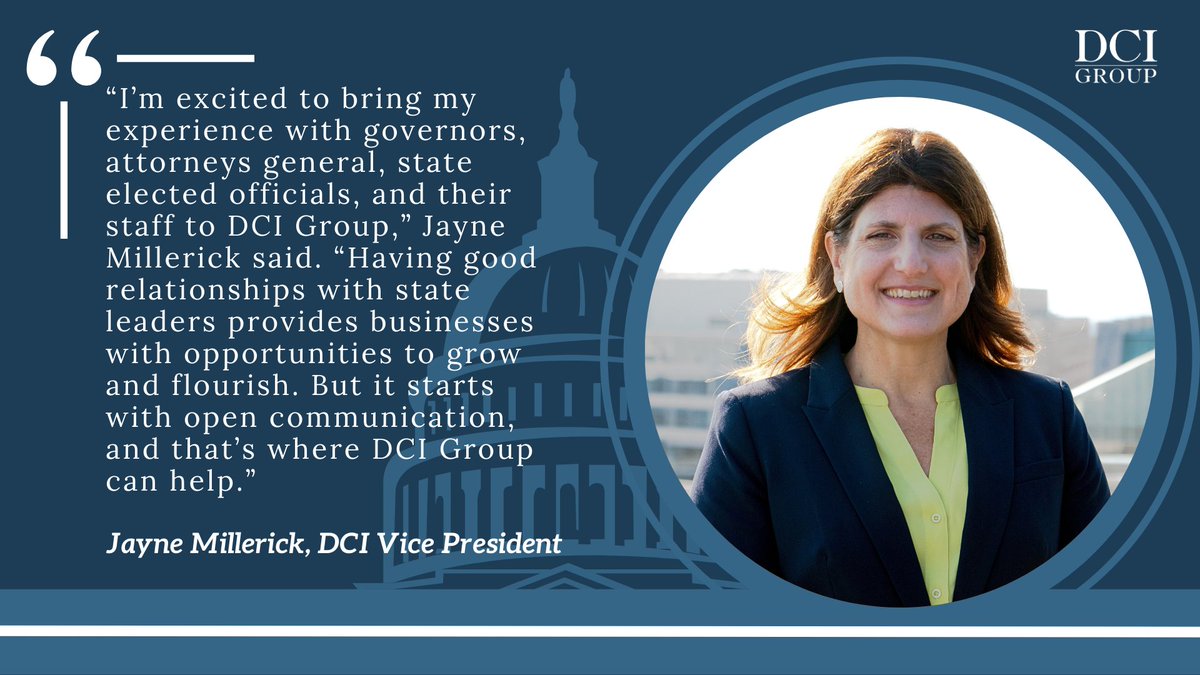 We are thrilled to welcome <a href="/JayneMillerick/">Jayne Millerick</a> to the <a href="/DCIGroup/">DCI Group</a> team. With 20 years of experience in high-impact roles, Jayne is well-equipped to lead our engagement with state governors and attorneys general as we expand our portfolio. #newhire #publicaffairs #NH