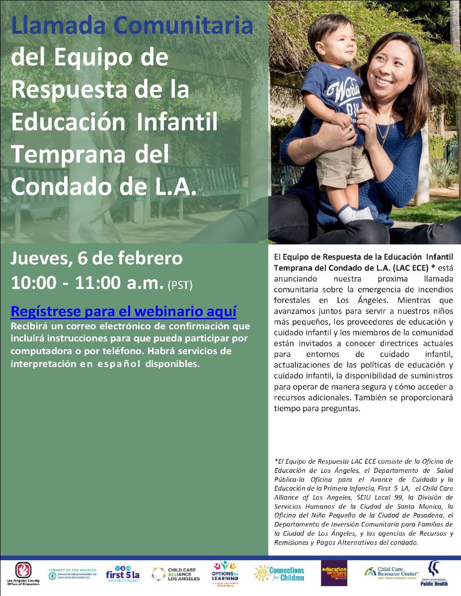 📢¡Atención proveedores de #ECE! Únase a la llamada Comunitaria del Equipo de Respuesta ECE de #LACounty este jueves, a las 10am para obtener actualizaciones y recursos vitales para afrontar la emergencia de incendios de Los Ángeles. 
Haga clic aquí 👉🏾 ow.ly/QeF150UTJeO