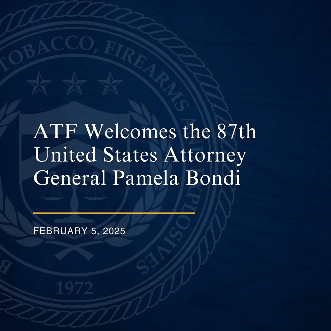 ATFHQ's tweet image. ATF welcomes 87th U.S. Attorney General Pamela Bondi on her first day at the helm of the Department of Justice. ATF is eager to work together for a safer America! #AttorneyGeneral @TheJusticeDept