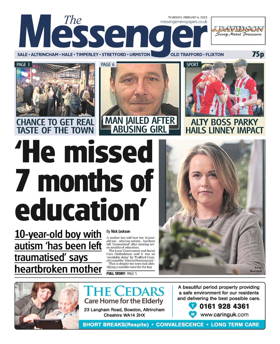 Front page of this week's @MessengerNews on sale Thursday📰 

#Trafford #OldTrafford #Sale #Hale #Altrincham #Timperley #Stretford #Urmston #Flixton #Newsquest #GreaterManchester #Carrington #BuyAPaper #SaleSharks #TomorrowsPapersToday