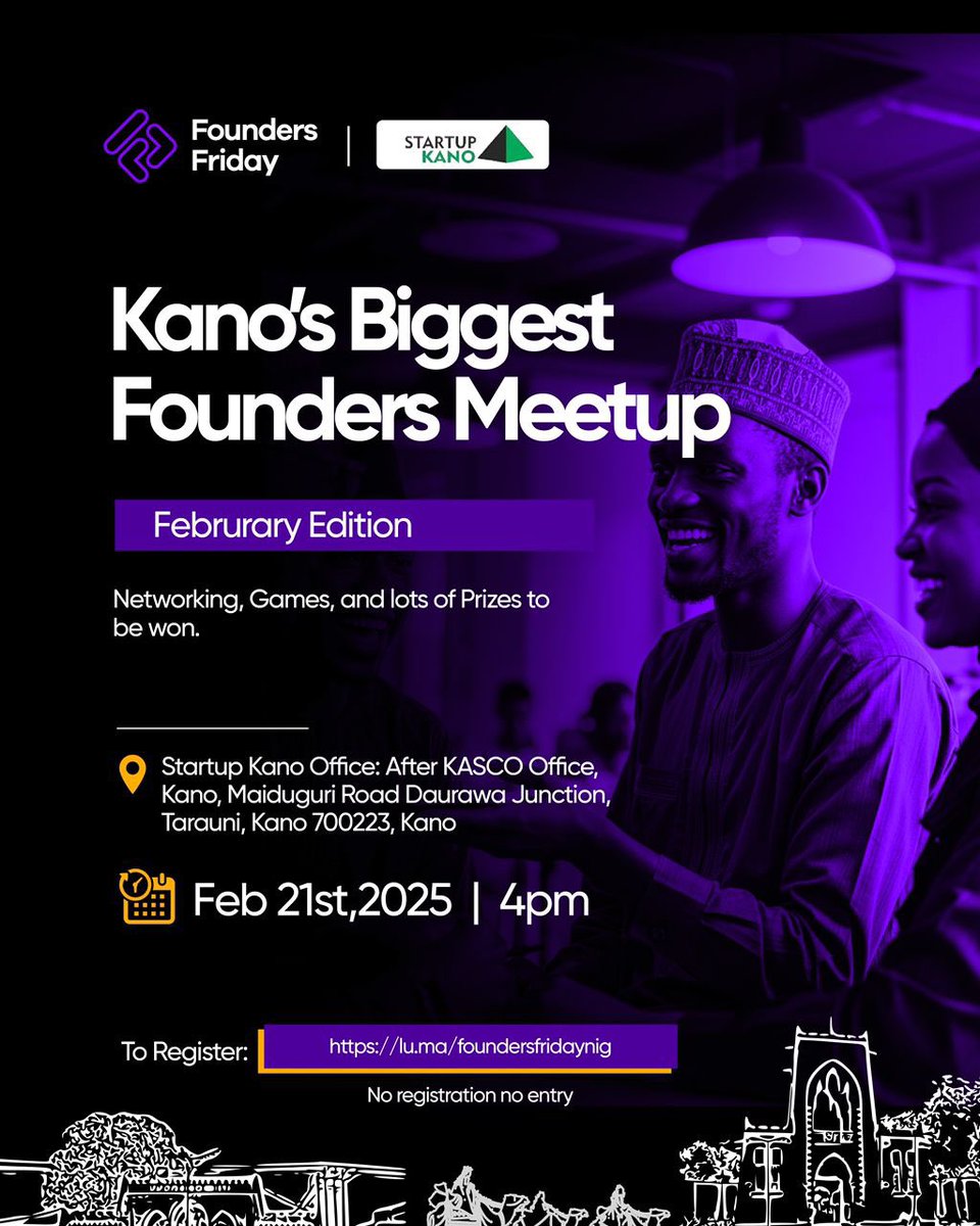 We are excited to partner with Founders Friday to host the biggest founders meetup in Kano!!

Lets connect on Friday, 21st February 2025

Registration Link: lu.ma/foundersfriday…

If you would like to volunteer, register here: tally.so/r/nPIDXP