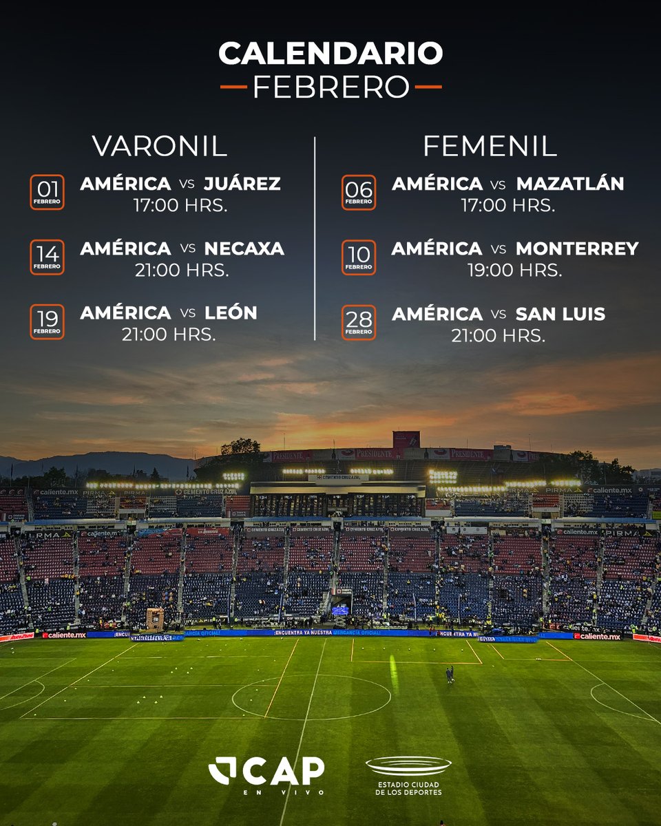 capenvivo's tweet photo. ¡Febrero lleno de Pasión Azulcrema en el Estadio Ciudad de los Deportes! 🦅✨ ¡No te pierdas la emoción y apoya al Club América en cada partido! 

#CAPEnVivo #EstadioCDD https://t.co/MamYIC7pBr