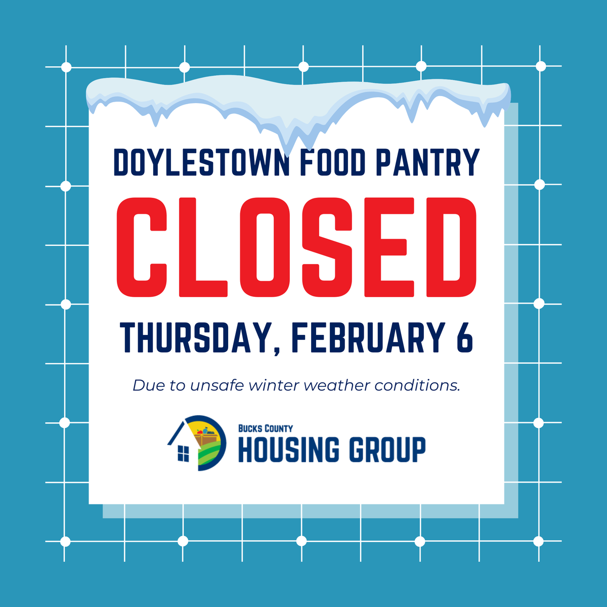 Housing4All's tweet photo. ❄️⚠️ Due to the winter advisory expected on Thursday, our Doylestown food pantry will be closed, and food distribution is canceled for the day. We plan to reopen on Friday as usual. Stay safe, and if you have any questions, please contact Brian: bmarcy@bchg.org. #BCHG #Doylestown https://t.co/gEQkiPbKVa