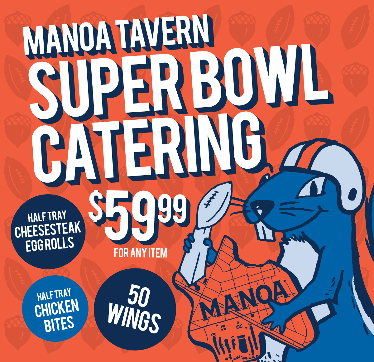 WFmanoatavern's tweet photo. SB Catering is easy with the World Famous. Select a half tray of Egg rolls or chicken bites or Wings in our 5 signature sauces. Each only $59.99 Call 484-455-7448 to order by tomorrow at 8pm + pick up Sunday after 12p! Place your order today! #worldfamous #SBLIX #catering #wings https://t.co/VavL591IqU