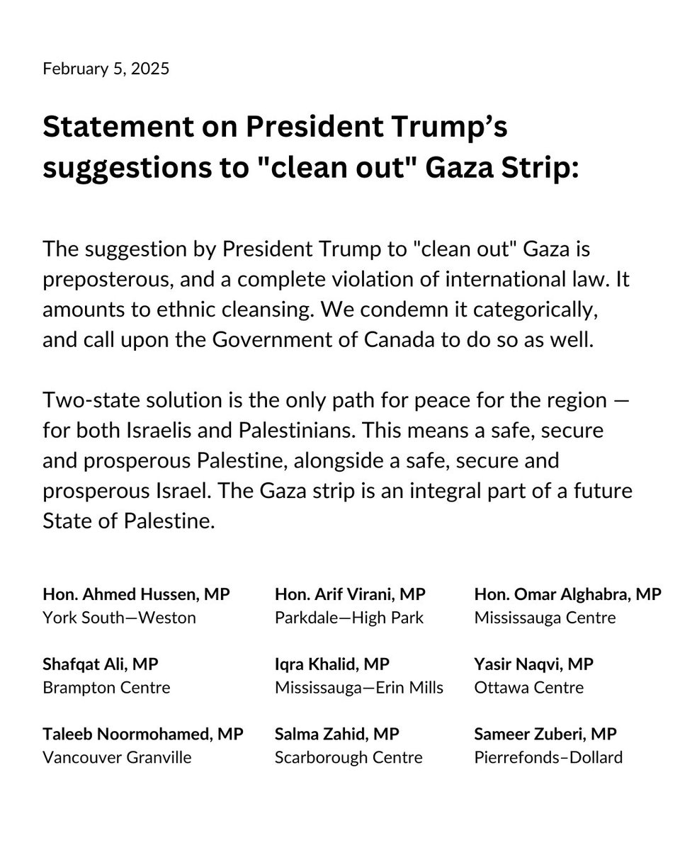SameerZuberi's tweet photo. Please see a statement from my colleagues and me regarding President Trump's suggestions to “clean out” the Gaza Strip. https://t.co/rc8IFZa3Ns
