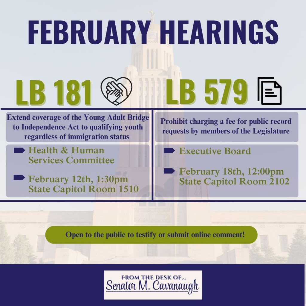 ld6_ne's tweet photo. February hearing announcements!

Next Wednesday, February 12th, LB 181 has a public hearing. On Tuesday, February 18th, LB 579 has a public hearing. 

The hearings are open to the public to testify and submit online comment (link provided in my bio)! https://t.co/IYK9HPB87F