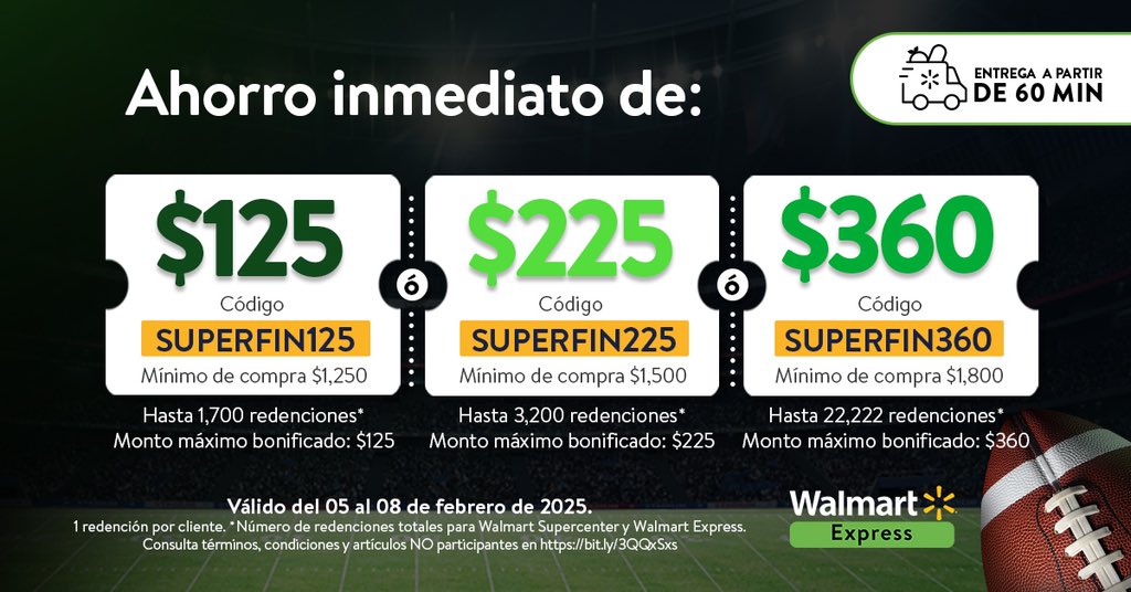 Compra en línea en Walmart Express y aprovecha los ahorros inmediatos para hacer tu experiencia del partido aún más épica. 🏈🏈🏈

👉🏻 bit.ly/3Q4r0Ob