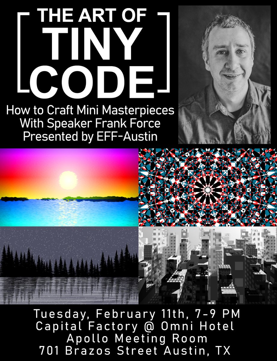 I'm doing a talk about tiny code and generative art in downtown Austin Texas next Tuesday! It also will be livestreamed, check it out!! 😅👍 #TinyCode #GenerativeArt #AustinTexas

effaustin.org