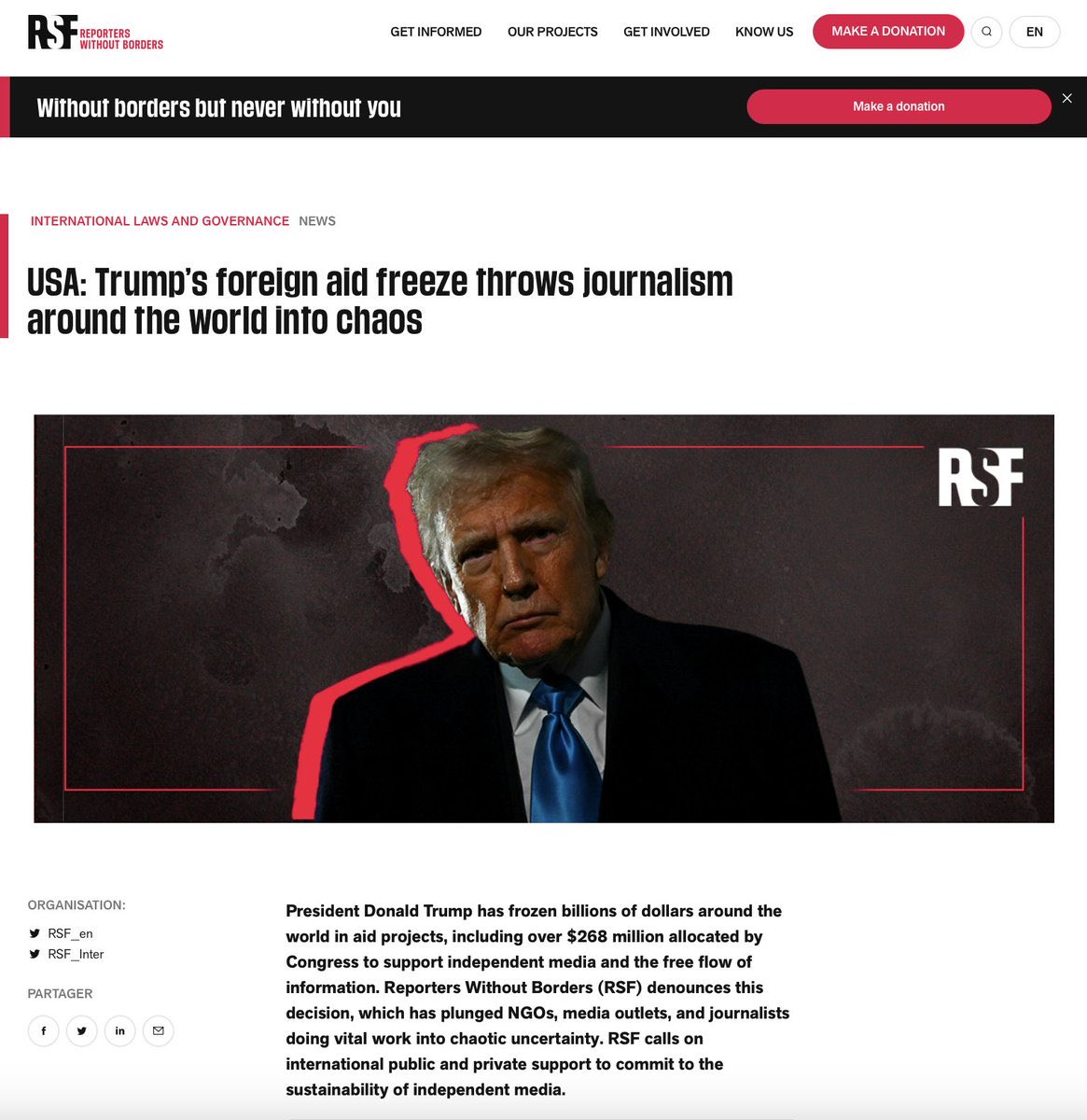 ianmiles's tweet image. Reporters Without Borders is big mad that USAID has been cut off, because it was basically their only source of funding. 

They’re very upset that they can no longer continue the “vital work” of producing leftist regime propaganda.